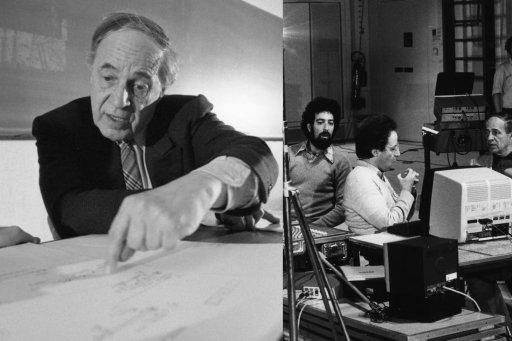 Pierre Boulez avec Didier Arditti, Andrew Gerzso et Giuseppe di Giugno travaillant avec le dispositif électroacoustique pour Répons à l'Espace de projection (1980)