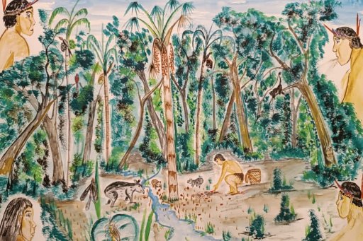 Homme accroupi dans la forêt, ramassant des plantes