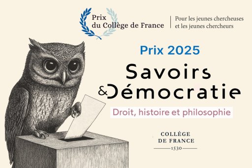 Collège de France Award 2025: Knowledge and Democracy (owl placing a ballot in a ballot box)