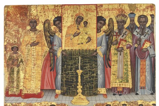 Peinture sur bois présentant la restauration d'icônes célébrées par l'Eglise orthodoxe le dimanche de l'orthodoxie