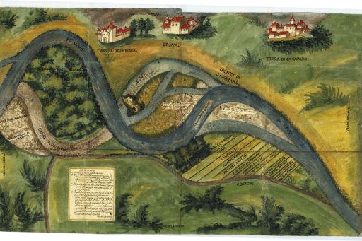 Carte historique illustrée d'une rivière sinueuse avec des bâtiments et des paysages environnants. Inclut des annotations manuscrites et des détails géographiques. Représentation artistique d'une région avec des éléments naturels et architecturaux.