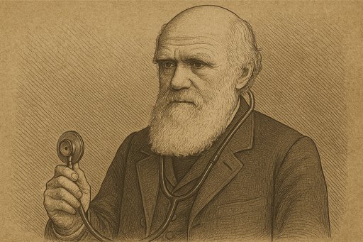 Gravure d’un homme âgé barbu tenant un stéthoscope autour du cou, sur fond brun texturé