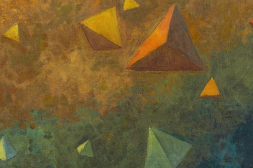 Peinture abstraite avec formes géométriques colorées sur fond texturé.