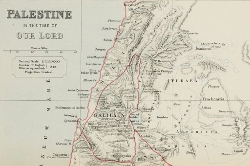 Carte ancienne de la Palestine à l'époque romaine, avec les villes et régions marquées.