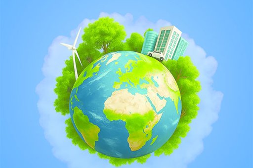 Illustration de la Terre entourée d’arbres, bâtiments et éolienne sur fond bleu