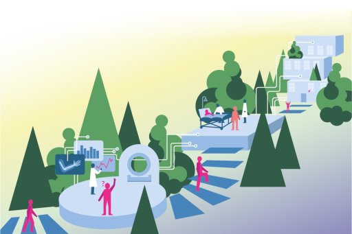 Illustration d’un parcours de soins médical avec hôpital, médecins et patients dans un environnement naturel.