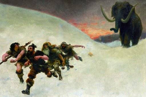 Hommes préhistoriques fuyant un mammouth