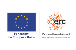 Montage de deux logos avec à gauche, le drapeau bleu de l'Union européenne composé d'un cercle de 12 étoiles dorées sur fond bleu, avec en dessous la mention "Funded by the European Union". À droite, le logo du Conseil européen de la recherche, composé d’un motif circulaire de points orange dégradés formant une spirale, avec les lettres "erc" inscrites en noir au centre, accompagné en dessous de la mention "European Research Council" et "Established by the European Commission"