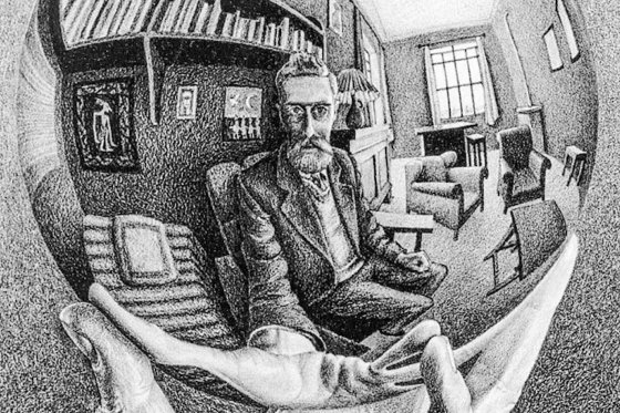 Reflection of a man in a spherical mirror held in his hand