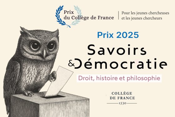 Collège de France Award 2025: Knowledge and Democracy (owl placing a ballot in a ballot box)