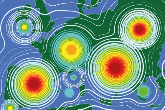 Weather map with pressure systems colored in concentric circles from blue to red, illustrating areas of high atmospheric activity over Europe and the North Atlantic