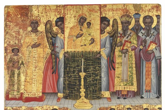 Painting on wood showing the restoration of icons celebrated by the Orthodox Church on Orthodox Sunday