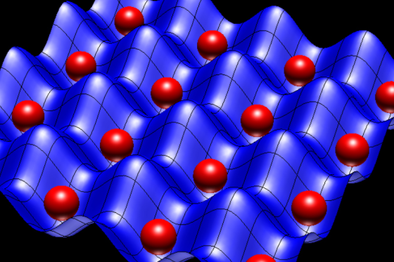 Graphique : Atomes (représentés par des sphères rouges) représentés dans un potentiel de réseau optique 2D (représenté par la surface bleue)