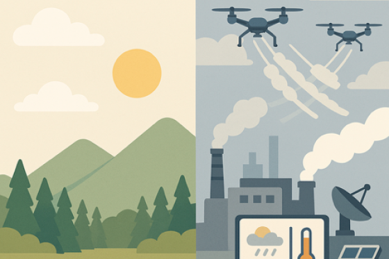 Illustration divisée en deux montrant à gauche la nature préservée (montagnes, forêt, lac) et à droite un environnement industriel et technologique (drones, usines, capteurs)