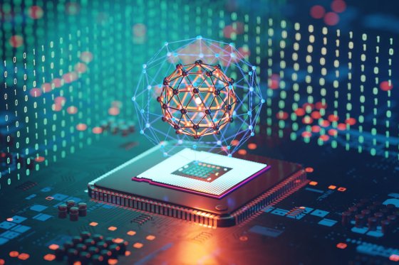 Schéma d’un processeur avec un réseau de connexions lumineuses en 3D, symbolisant l’intelligence artificielle.