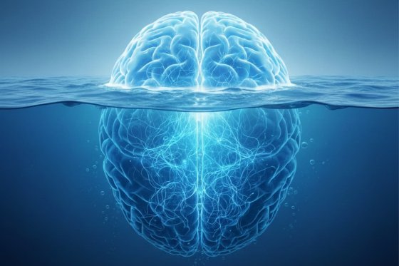 Représentation d'un cerveau humain immergé dans l'eau, symbole de conscience et invisible