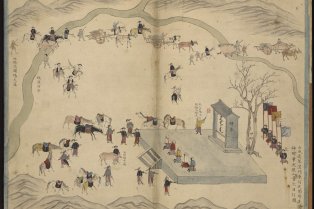 Page extraite du Shengjing weichang quantu - 盛京圍場 全圖 - Recueil de cartes sur la chasse impériale en Mandchourie, représentant l’installation du camp pour la chasse.