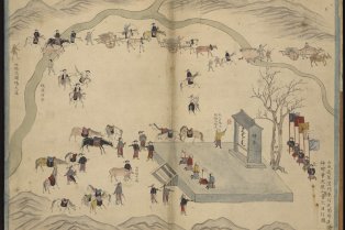 Page extraite du Shengjing weichang quantu - 盛京圍場 全圖 - Recueil de cartes sur la chasse impériale en Mandchourie, représentant l’installation du camp pour la chasse.