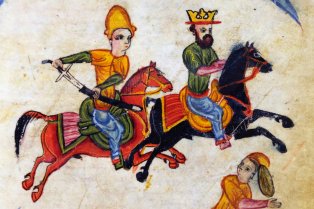Peinture de deux hommes à cheval et en armure provenant du Roman d'Alexandre arménien