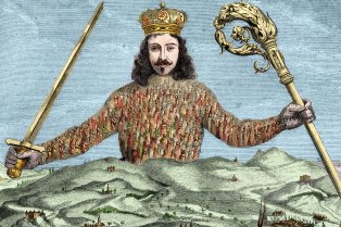 Gravure représentant le “Léviathan” de Thomas Hobbes (1651). Le léviathan est représenté sous les traits d'un homme gigantesque, couronné et tenant un sceptre de la main gauche et une épée de la main droite.