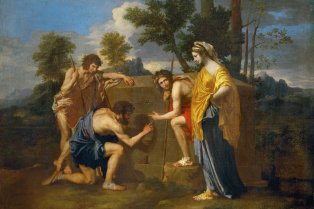 Peinture de Nicolas Poussin intitulée Les Bergers d’Arcadie représentant des bergers qui découvrent en pleine nature un tombeau sur lequel est gravé l’épitaphe Et in Arcadia Ego
