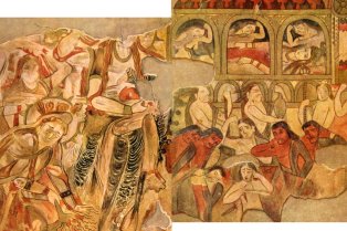 Peinture de femmes et d'hommes dans un temple