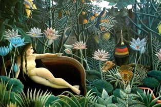 Peinture représentant une femme nue allongée dans la jungle