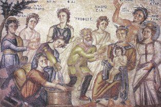 Représentation de "La naissance de Dionysos" sur un panneau de la mosaïque de la Maison d’Aiôn à Paphos, Chypre.