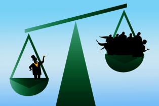 Illustration représentant les inégalités : un homme pesant plus lourd que plusieurs autres sur une balance (Inequalities ©Pinclipart)