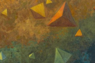 Peinture abstraite avec formes géométriques colorées sur fond texturé.