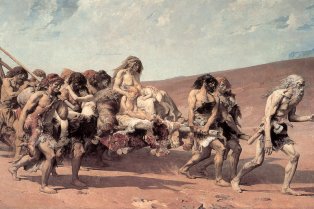 Peinture représentant des personnages préhistoriques dans un paysage désertique.