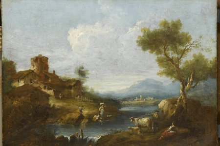 Peinture de Giuseppe Zais intitulée Paysage pastoral représentant des paysans au bord d'une rivière