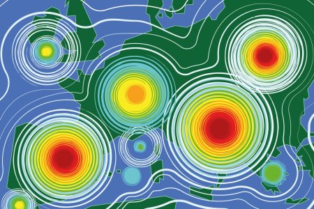 Weather map with pressure systems colored in concentric circles from blue to red, illustrating areas of high atmospheric activity over Europe and the North Atlantic