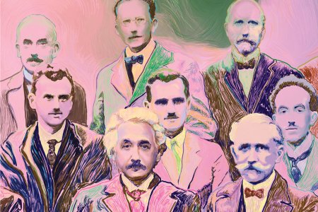 Portrait artistique coloré d'hommes en costumes, style visuel dynamique et contours accentués.