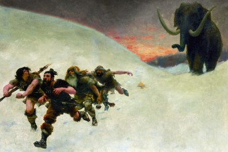 Hommes préhistoriques fuyant un mammouth