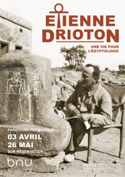 Poster showing Étienne Drioton sitting on a chair during an archaeological expedition