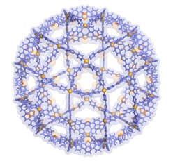 Représentation d'une structure en forme de sphère faite d'anneaux violets reliés par de petits points dorés, illustrant une construction chimique précise et symétrique