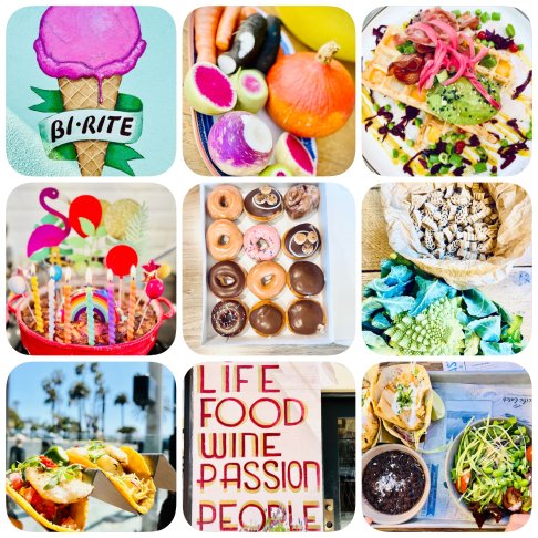 Mosaic image with photos of food (dishes, desserts, fruit...)