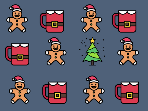 Mosaïque de dessins : petits bonshommes en pain d'épices, tasses Père Noël et sapin