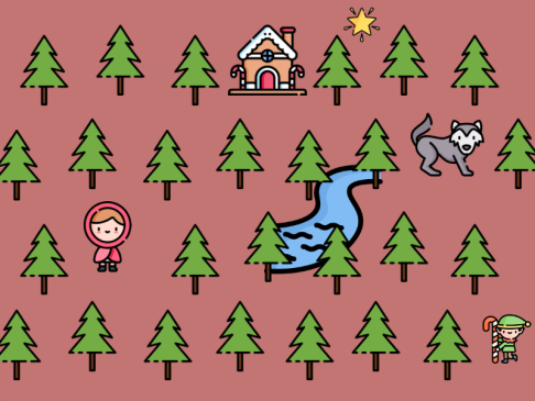 Dessin représentant une petite maison, un chaperon rouge et un loup au milieu d'une forêt de sapins