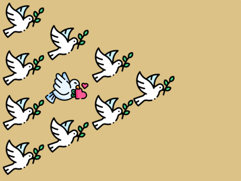Dessin représentant un vol de colombes avec coeur ou rameau d'olivier dans le bec
