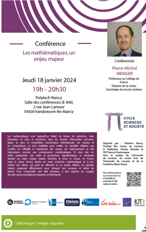 Conférence du Pr Menger : "Les mathématiques un enjeu majeur", 18 janvier 2024 à Nancy