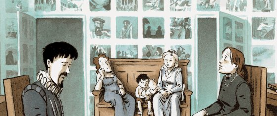 Drawing of people waiting seated in a room