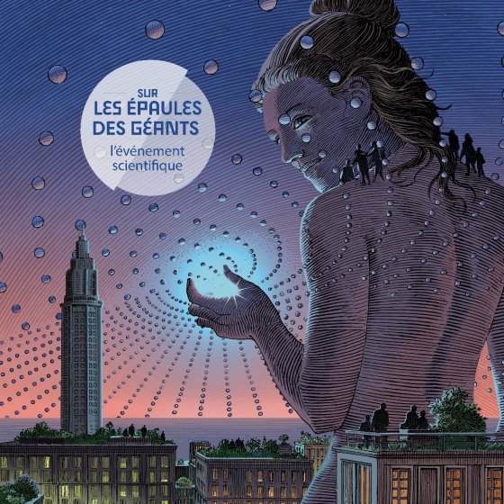 illustration représentant au premier plan une femme géante et au fond la ville du Havre