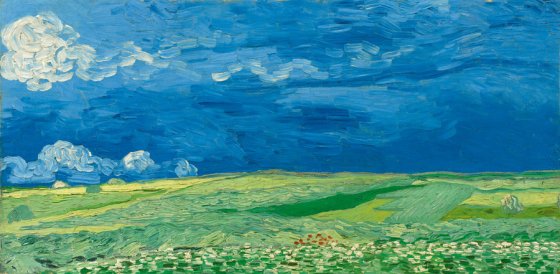 Painting by Vincent Van Gogh, "Wheat field under a stormy sky"