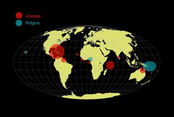Planisphère représentant les régions du monde où sont parlés le créole et le pidgin.