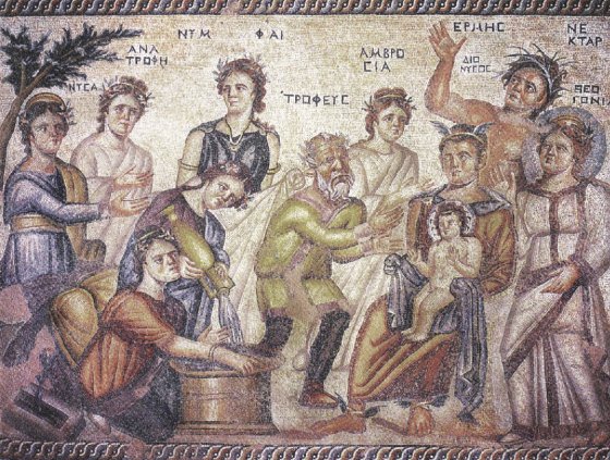 Depiction of "The Birth of Dionysus" on a mosaic panel in the House of Aiôn in Paphos, Cyprus.