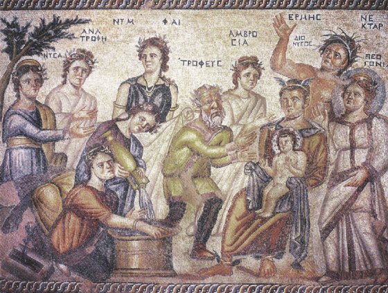 Représentation de "La naissance de Dionysos" sur un panneau de la mosaïque de la Maison d’Aiôn à Paphos, Chypre.