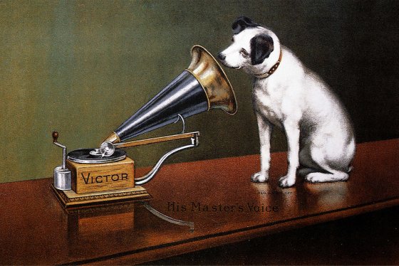 Representation of the advertisement for Victor phonographs and Pathé's "La Voix de son Maître" advertisement