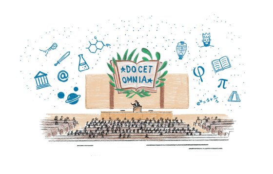 Illustration d’un amphithéâtre avec un livre ouvert portant l’inscription 'DOCET OMNIA' et des symboles scientifiques et culturels.